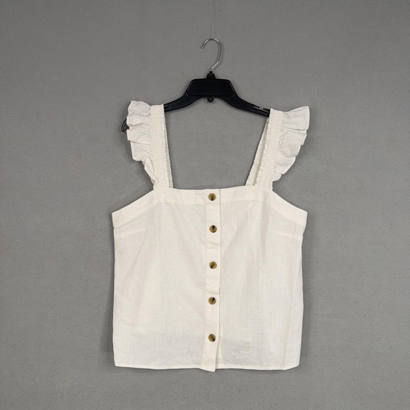 J.CREW Tops - J Crew Shirt Womens Large White Linen Blend Ruffle Strap Button Front Tank
